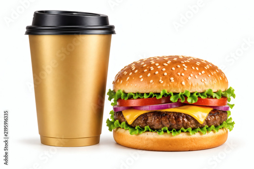 Classic beef cheeseburger with sesame bun, takeaway coffee cup with black lid, fast food combo meal isolated on white background