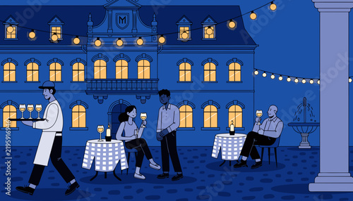 Cozy Outdoor Cafe on European Town Square in Evening, Flat Vector Relaxed Summer Night Illustration