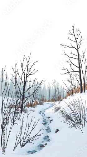 A path winds through a snowy landscape surrounded by bare trees and shrubs. The scene shows a quiet winter day with a light backdrop
