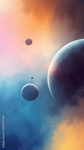 An artwork showing multiple planets set against a backdrop of colorful clouds and cosmic elements. The scene illustrates space exploration