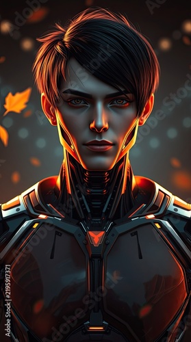 A person stands with a futuristic suit and a focused expression. The background features dark tones and floating orange leaves. This artwork has sharp details