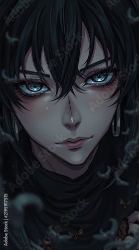 The scene features a character with black hair and blue eyes set against a dark background. The character has a focused expression and appears mysterious