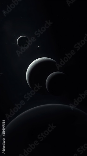 A view of multiple planets in space each one varying in size. The planets are arranged with some in front of others casting shadows in the dark setting