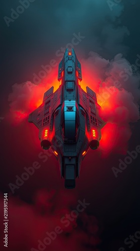 A spaceship rises up surrounded by dark clouds and emits bright red light from its engines. This digital art shows a futuristic design and setting