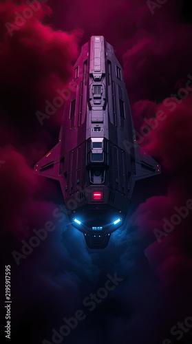A spaceship glides through a colorful nebula filled with clouds. The ship has bright lights and a sleek design. Dark colors dominate the backdrop