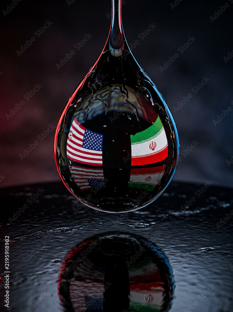 Obraz premium a close up of an oil drop reflecting the usa and iran flags inside against a dark background
