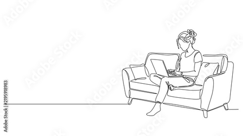 animated continuous line drawing of woman sitting comfortably on couch while using a laptop computer, remote work and freelancing concept, line art animation