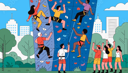 Outdoor Climbing Wall in Urban Park with Climbers, Flat Vector Fun Challenge Sport Illustration