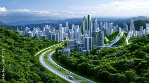 Futuristic cityscape with green skyscrapers, surrounded by lush forests and expansive highways