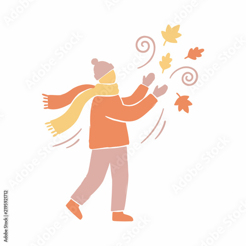 Fall season vector illustration of a person walking outdoors enjoying autumn leaves blowing in the wind