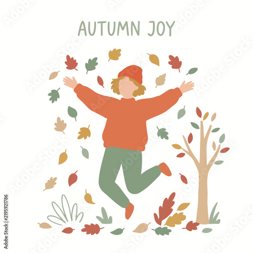 Fall season vector illustration of a person outdoors enjoying autumn leaves