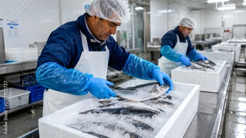 Fish workers sorting seafood in bright processing plant