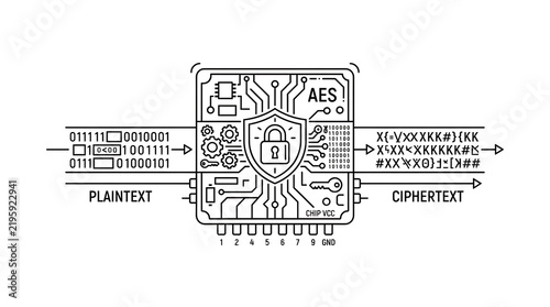 Digital microchip processing binary data into encrypted ciphertext for information security