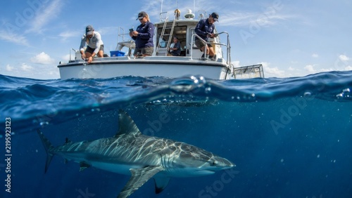 Shark Under Boat with Fishermen Above on Sunny Sea