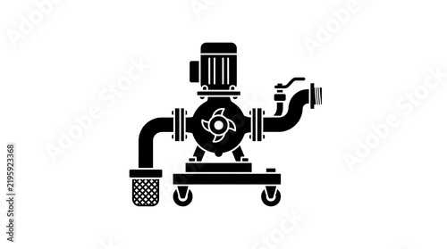 Black silhouette icon of a portable industrial water pump on a wheeled platform