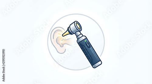 Illustration of a medical otoscope examining a human ear for diagnostic ear health checkup