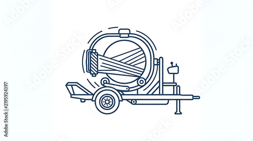 A line art icon of a round bale wrapper machine on a trailer for farming
