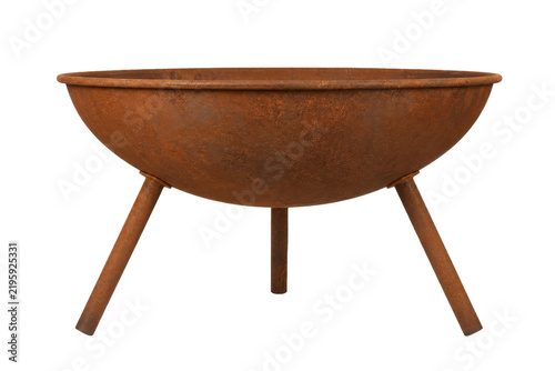 Fotografie Rustic, weathered, round, cast iron fire pit bowl with three sturdy legs, isolat