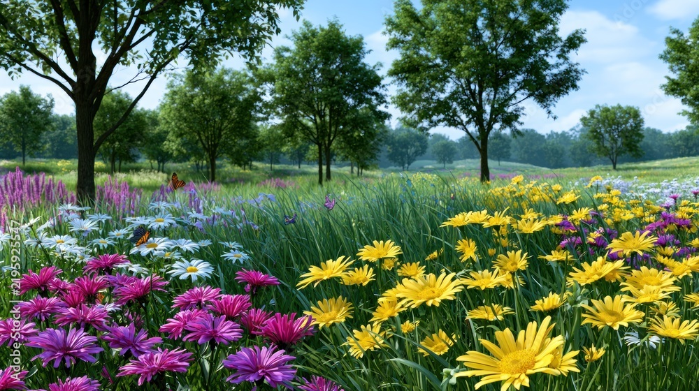 Fototapeta premium A vibrant meadow bursts with colorful flowers under a bright sky, surrounded by lush green trees
