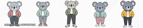 A set of cute and adorable koala vectors posing while standing, wearing a jacket with hands in the pockets.