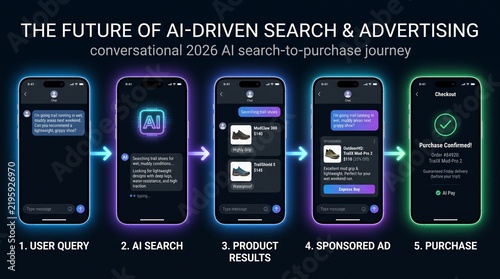 Smartphone displays showing a five step conversational artificial intelligence search — Digital Advertising