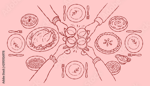 Thanksgiving dinner table with wine toast on pink background
