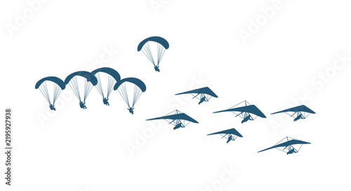 Foto Group of skydivers and hang gliders flying together in the sky vector illustrati
