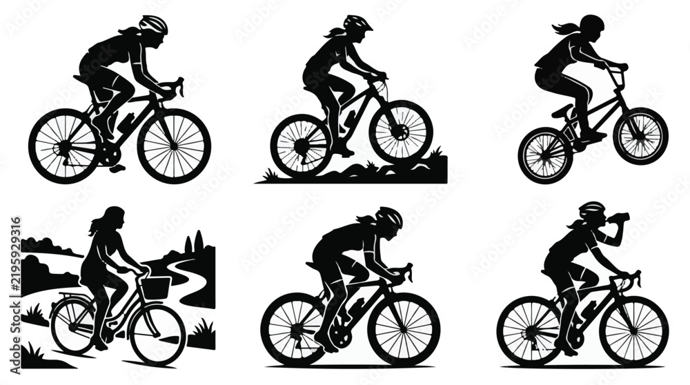 Obraz premium Female Cyclists Riding Bicycle Poses Vector Silhouette Collection 