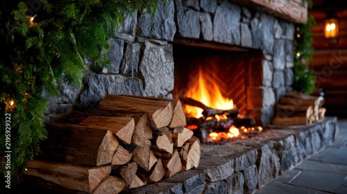Cozy stone fireplace with logs stacked, warm fire glow, surrounded by festive green garland