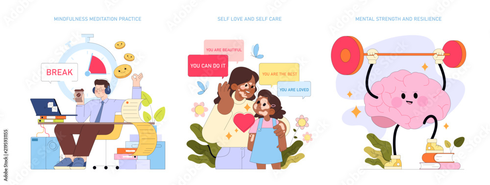 Fototapeta premium Mental wellness set showing meditation self care and resilience
