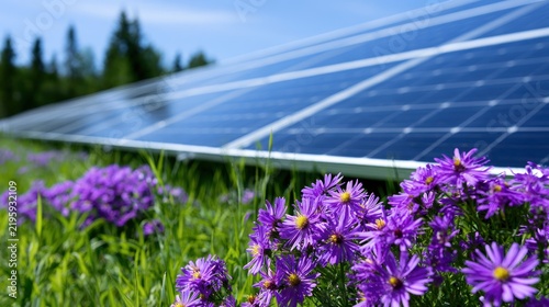 Purple flowers bloom near solar panels, blending technology with nature under a bright blue sky
