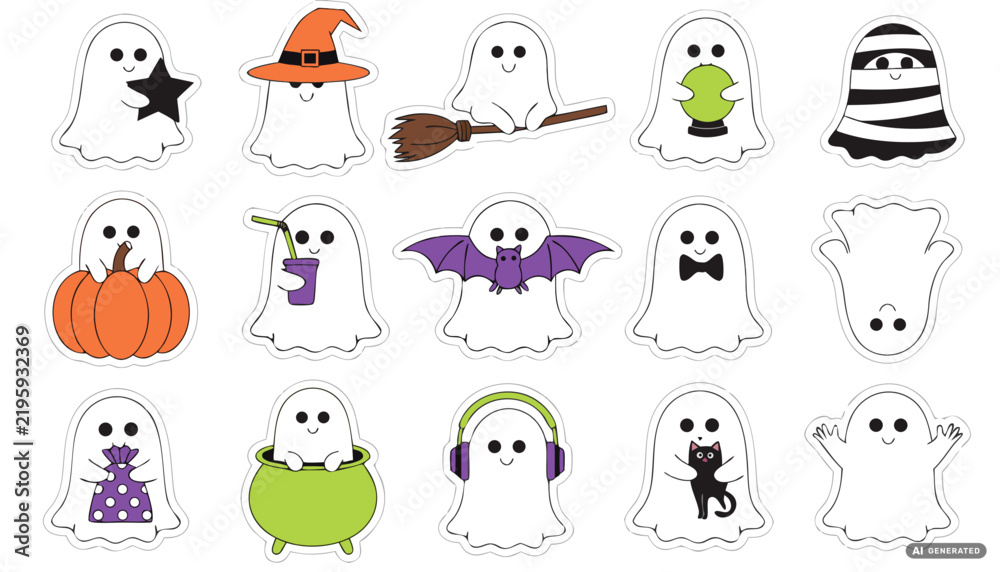 Fototapeta premium Halloween cartoon ghost illustration set with costumes and props
