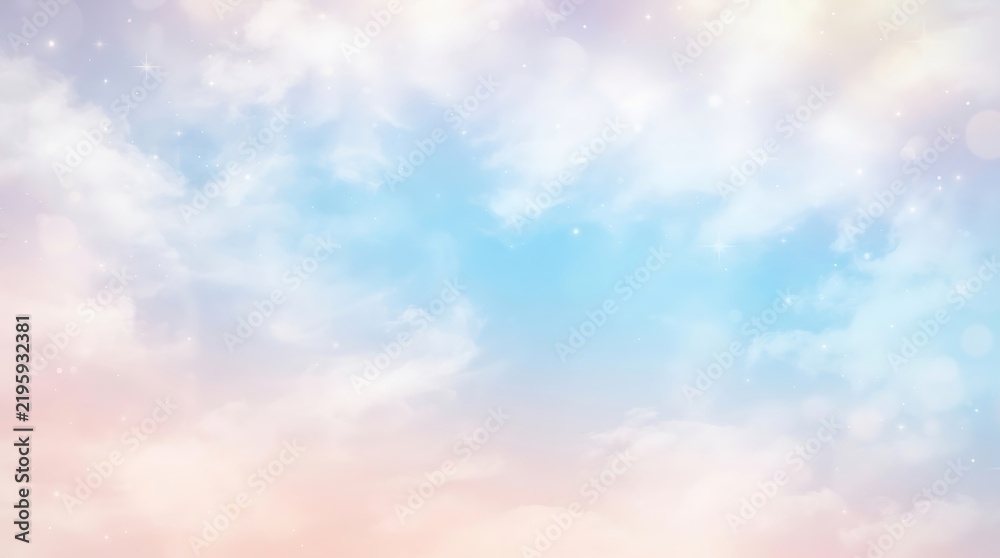 Obraz premium Soft pastel sky background with fluffy clouds and dreamy light flare background colorful