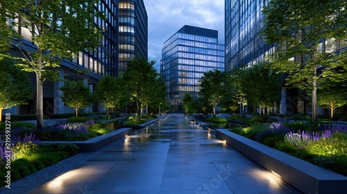 Modern urban parkscape with illuminated trees, sleek buildings, and polished stone pathways at dusk