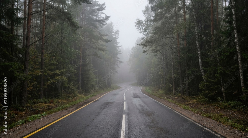 Fototapeta premium Foggy Forest Road Journey