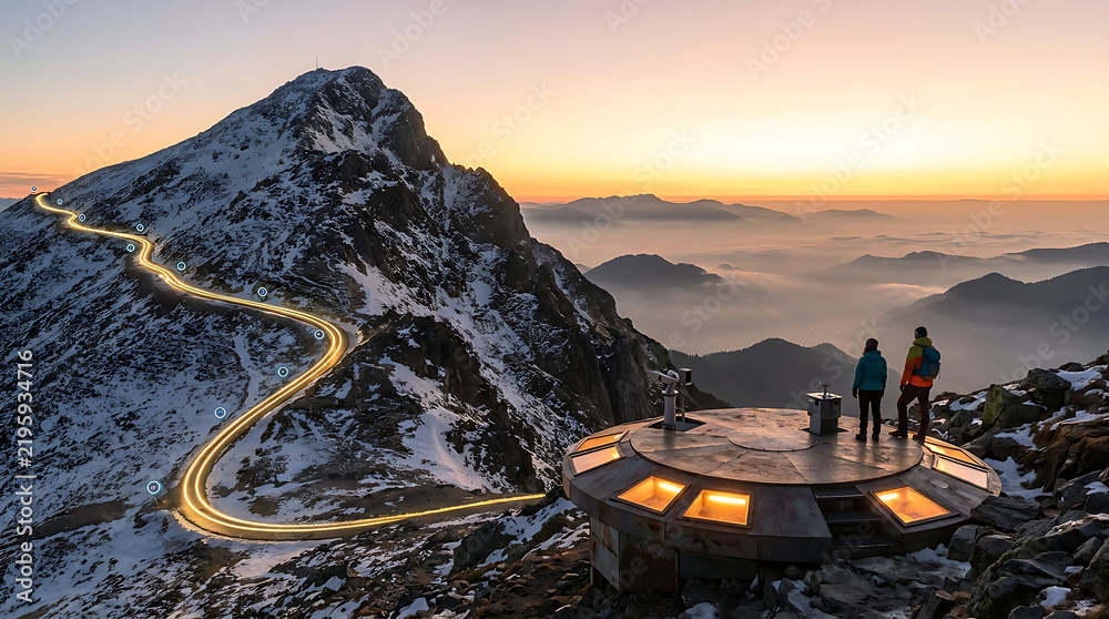 Obraz premium Hikers enjoying sunrise at mountain viewpoint with winding road lights