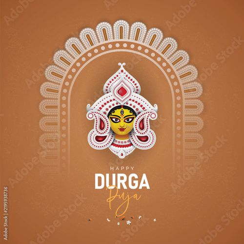 Happy Durga Puja Festival Celebration Greeting Background Template Design with Goddess Durga Face Illustration