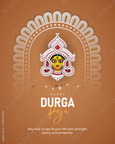 Happy Durga Puja Festival Celebration Greeting Background Template Design with Goddess Durga Face Illustration