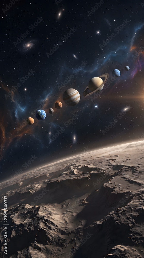Fototapeta premium Planets of the solar system aligned in a row above a rocky, cratered planetary surface.