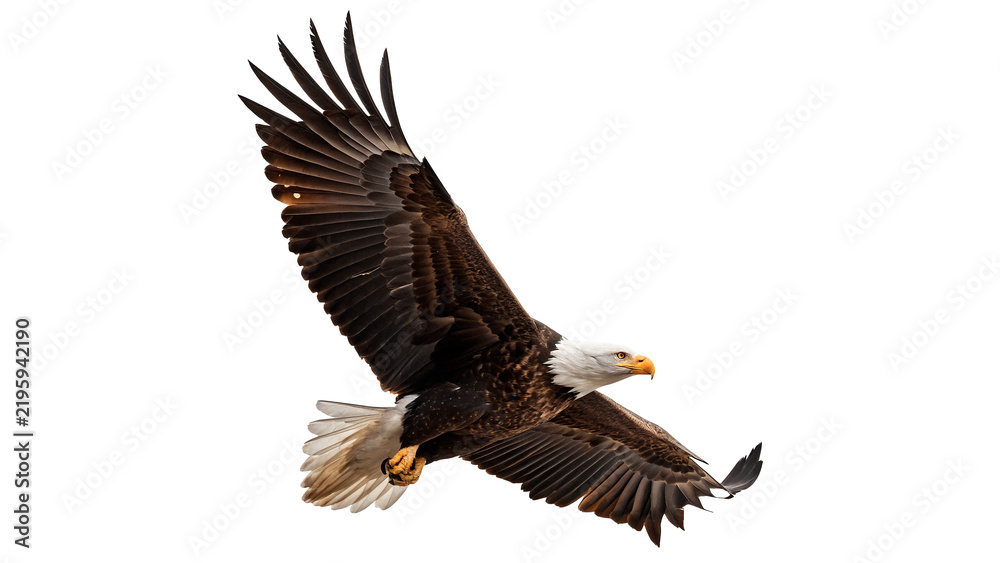 Obraz premium Majestic wild bald eagle bird flying wings open isolated on transparent background.