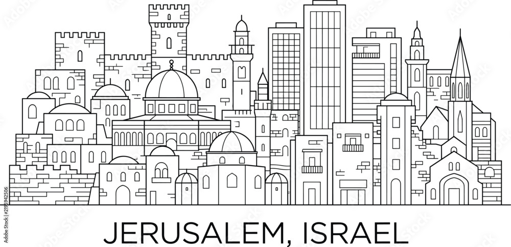 Obraz premium Jerusalem City Skyline Line Art with Historic Architecture Domes Towers and Modern Urban Buildings