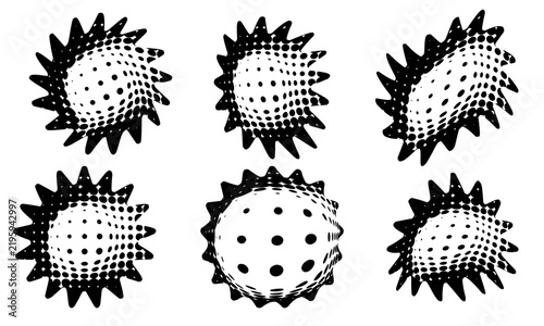 Set of six abstract stars with halftone effect. 3D illusion of volume and convex spheres. A stylish geometric composition for modern designs