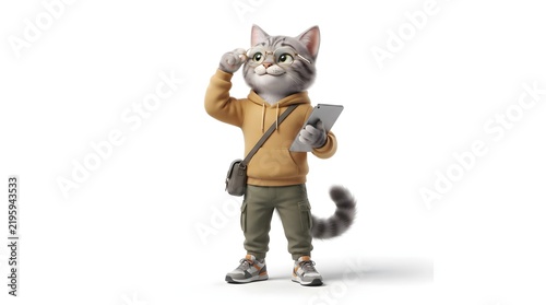 Cute anthropomorphic cat wearing a casual hoodie and glasses, standing confidently on a clean white background as a modern animal character.
