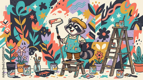 Colorful raccoon character painting a vibrant mural on a brick wall background