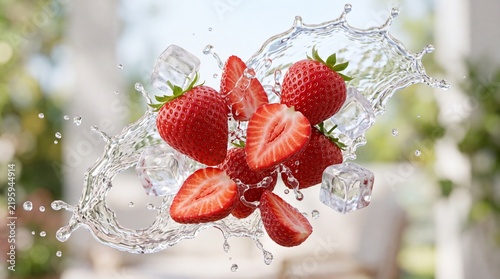 Obraz na płótnie Fresh strawberry berry fruit ice splash water summer juicy red refreshing sweet