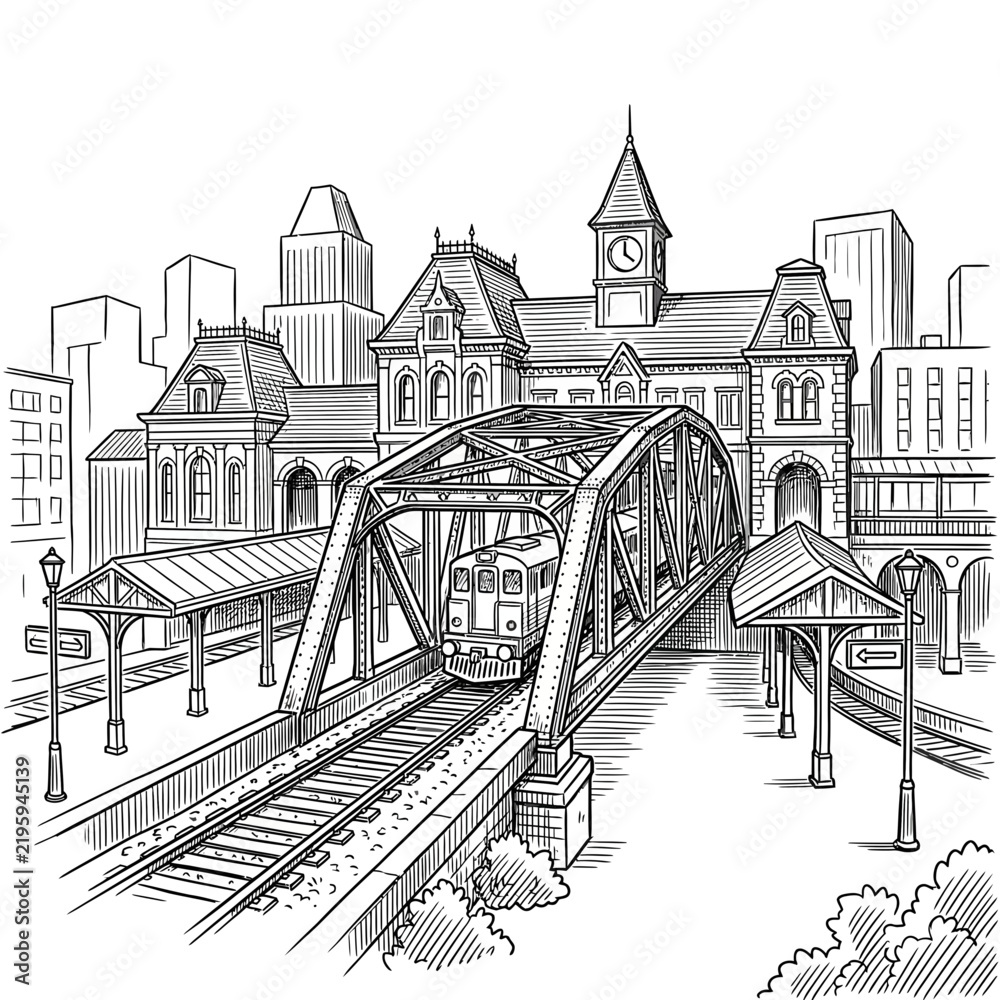 Fototapeta premium Industrial Black and White Sketch of Historic Train Bridge Passing Under a Grand City Building with Clock Tower