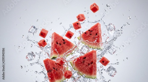 Fotografía Watermelon summer fresh juicy refreshing splash ice fruit red sweet cool healthy