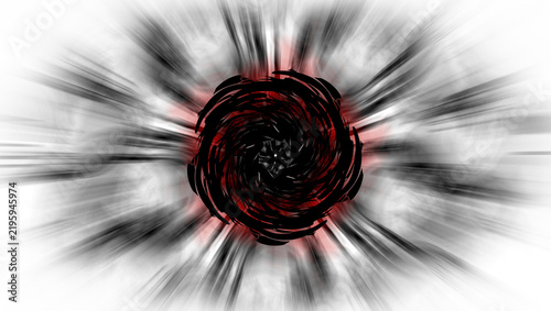 Arte abstracto: un vórtice circular de formas negras en espiral sobre tonos rojos profundos, con fondo difuminado gris y blanco que irradia movimiento