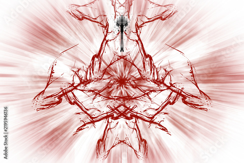 Diseño abstracto simétrico: centro oscuro, líneas rojizas ramificadas como venas, efecto radial difuminado en blanco y rosa que irradia movimiento.