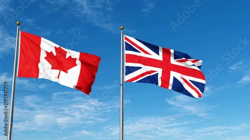 Canadian and british flags waving together against a clear blue sky international diplomacy and partnership concept